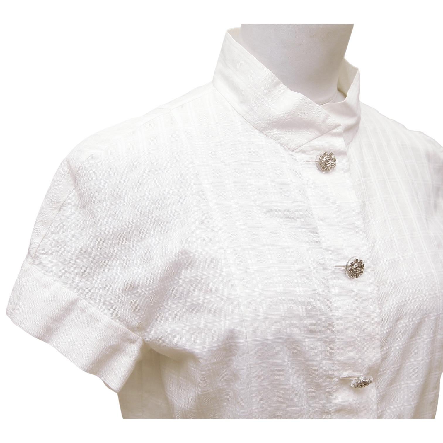 CHANEL White Button Down Blouse Shirt Top Silver CC Short Sleeve Sz 40 2016 2