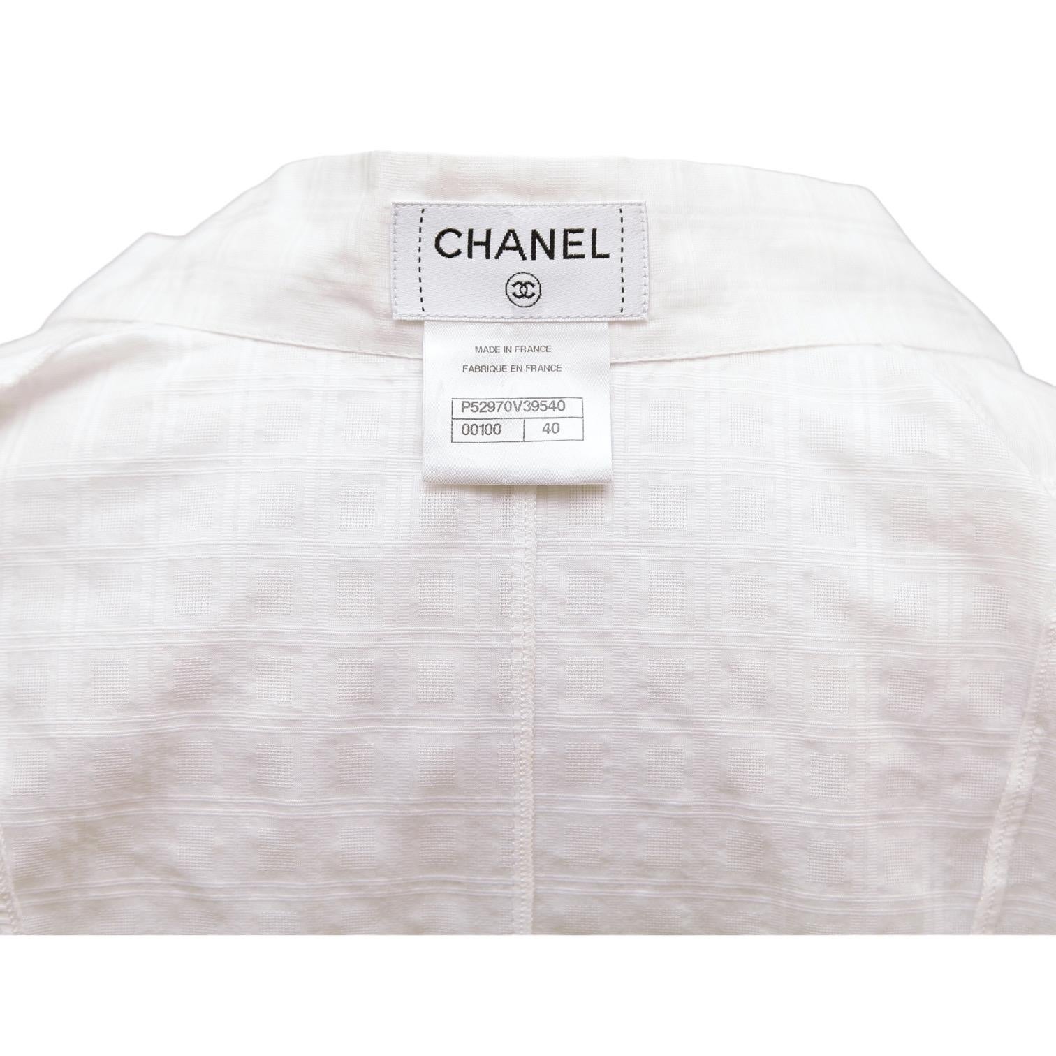 CHANEL White Button Down Blouse Shirt Top Silver CC Short Sleeve Sz 40 2016 4