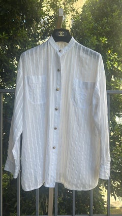 Chanel White Button-Up Blouse with Gold CC Logo Buttons