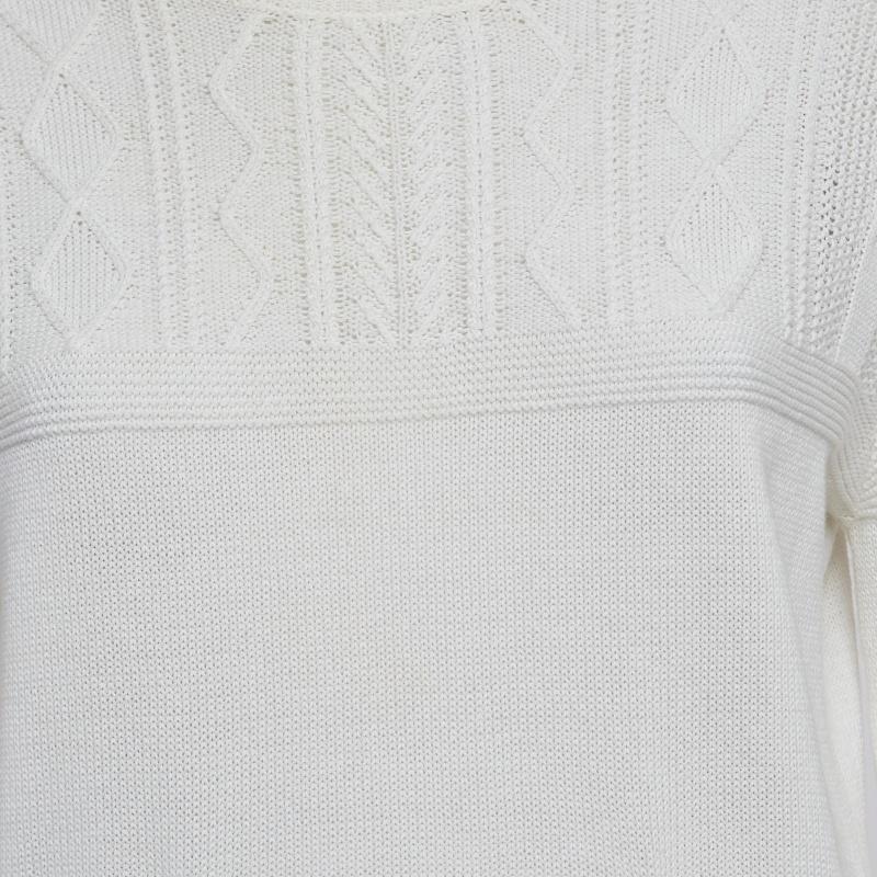 Chanel White Cable Knit Crew Neck Sweater L In Excellent Condition For Sale In Dubai, Al Qouz 2