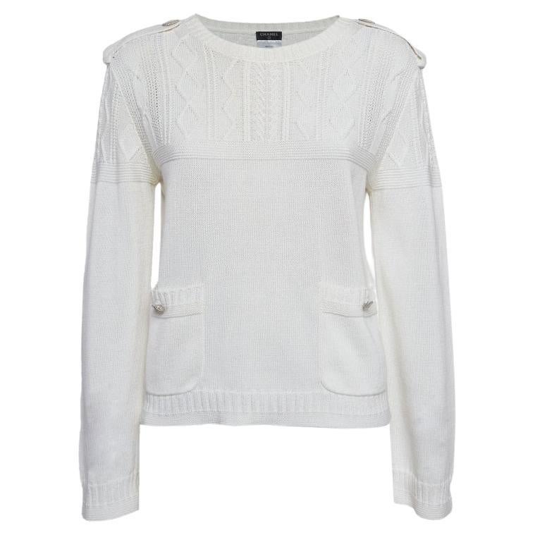 Chanel White Cable Knit Crew Neck Sweater L en vente