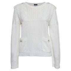 Chanel White Cable Knit Crew Neck Sweater L