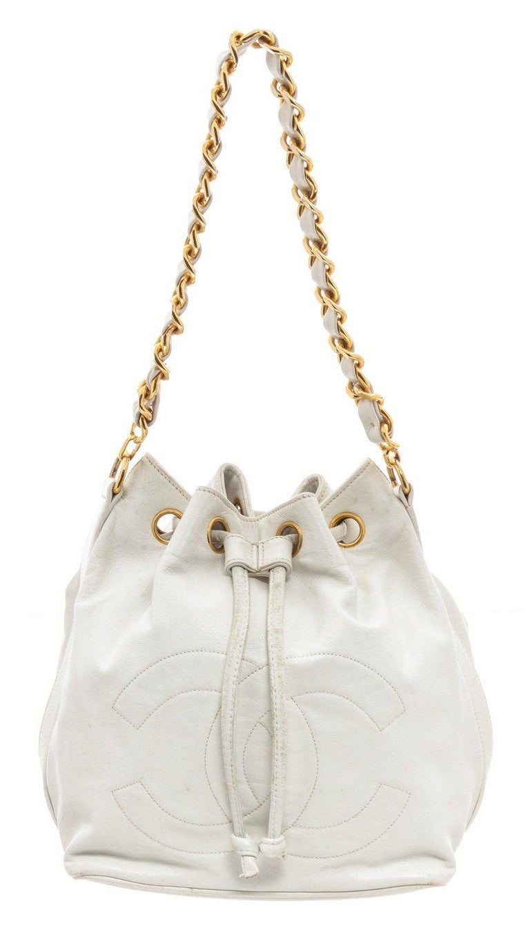 Chanel White Calfskin Bucket Chain Tote Bag with silvertone hardware