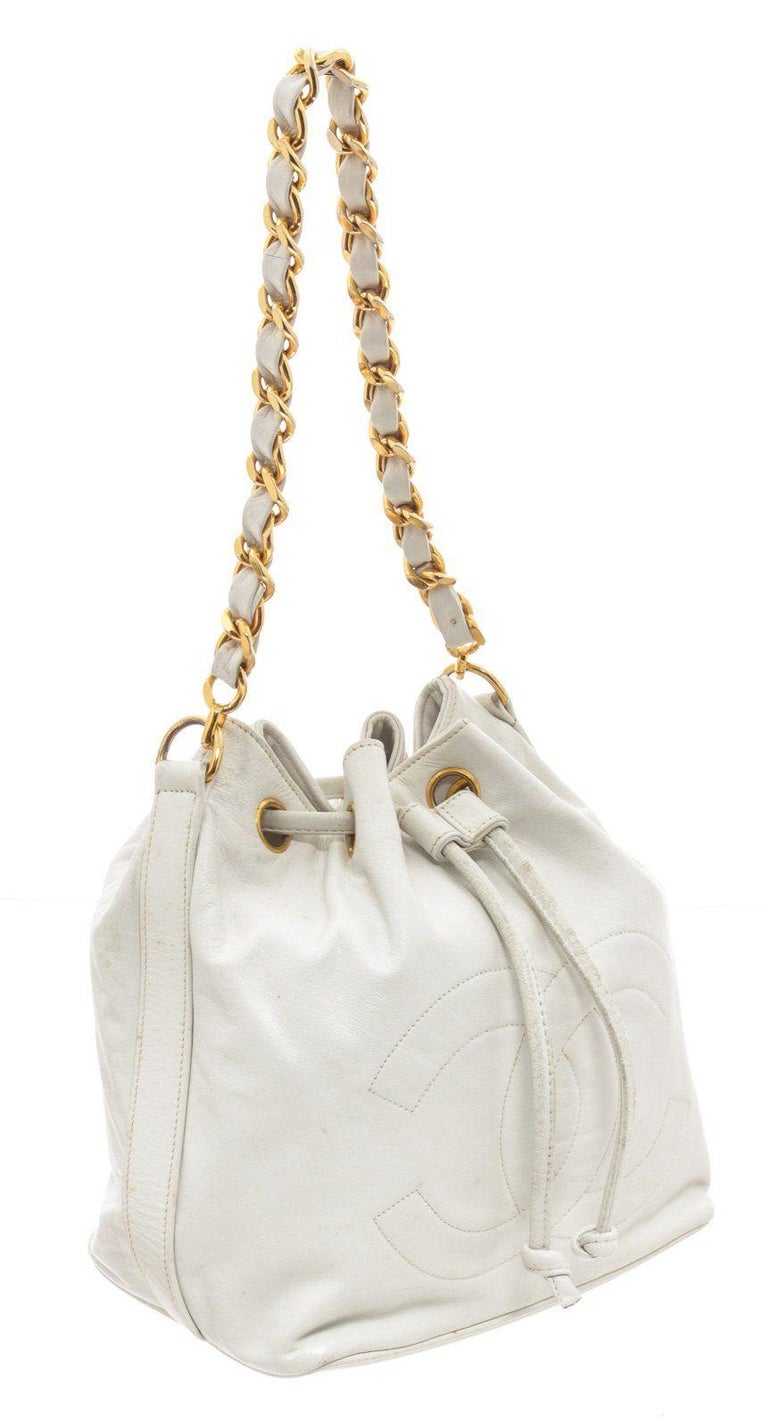 Chanel White Calfskin Bucket Chain Tote Bag with silvertone hardware