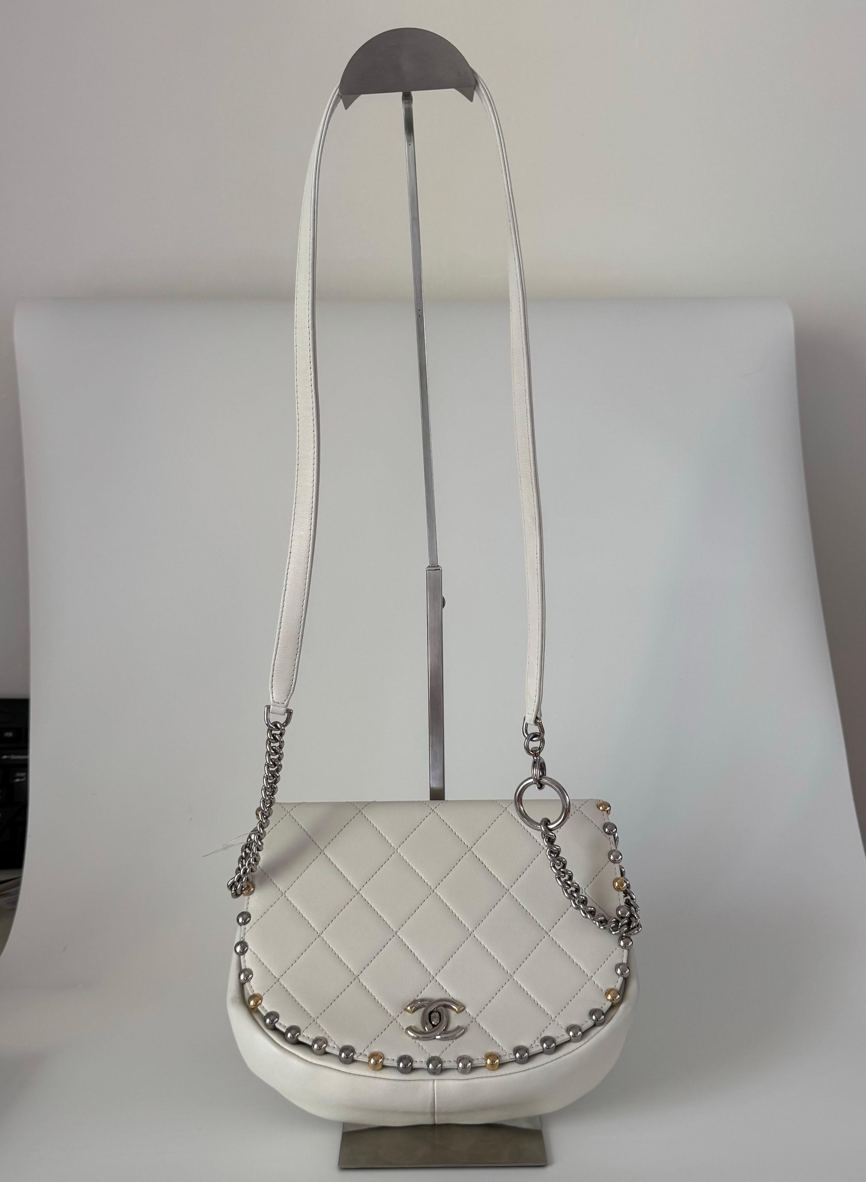 Gray Chanel White Calfskin Leather Embellished Flap Saddle Bag, 2018-19