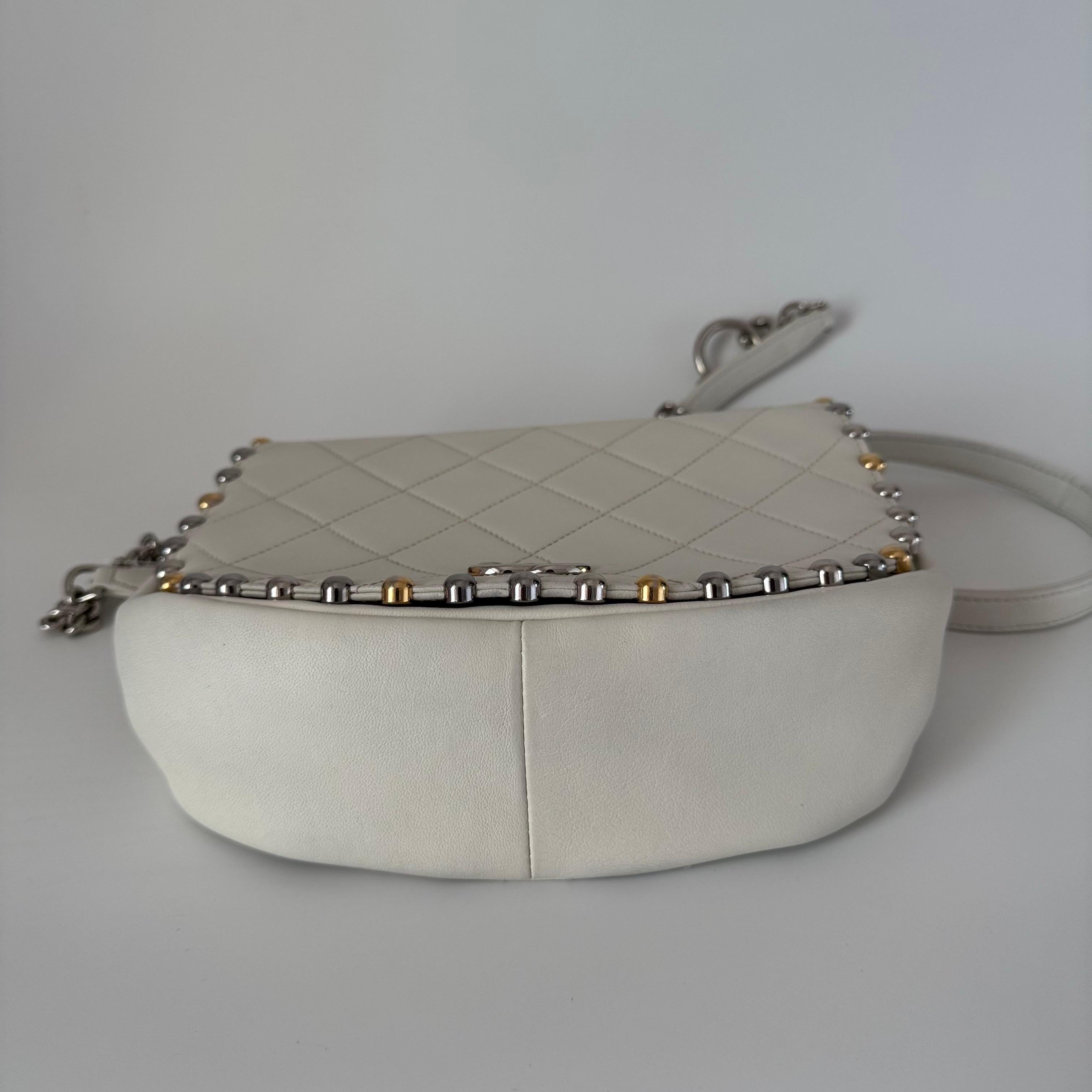Chanel White Calfskin Leather Embellished Flap Saddle Bag, 2018-19 2