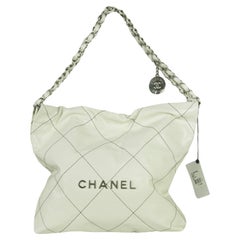 Chanel White Calfskin Leather Quilted Chanel 22 Tote Bag w/ Contrast Stitching