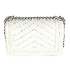 Chanel White Calfskin Pearl Chevron Small Boy Bag