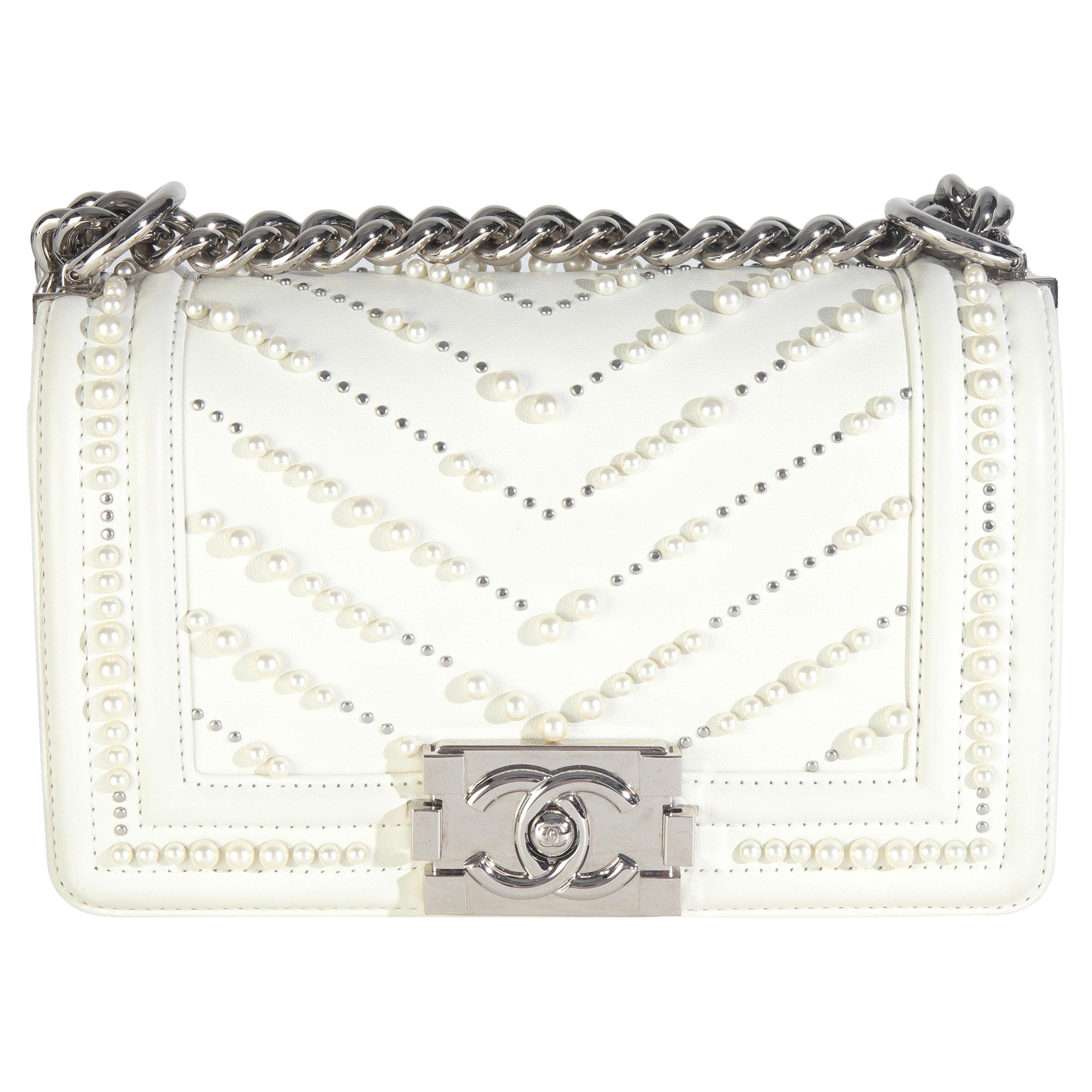 Chanel White Calfskin Pearl Chevron Small Boy Bag