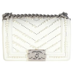 Chanel White Calfskin Pearl Chevron Small Boy Bag