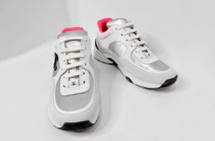 Chanel White Calfskin & Silver Satin Interlocking CC Sneakers