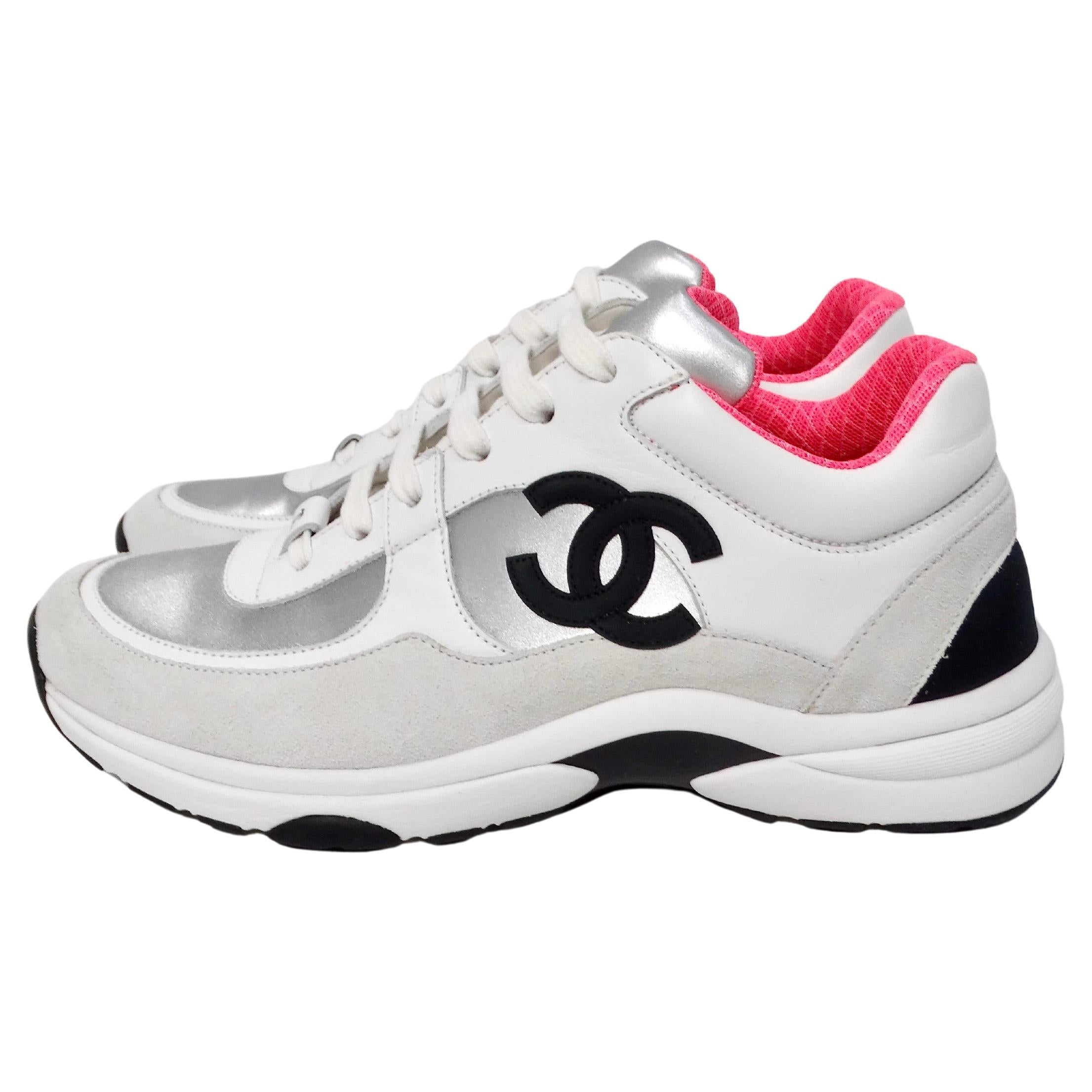 Chanel White Calfskin & Silver Satin Interlocking CC Sneakers For Sale
