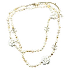Chanel White Camellia Pearl Long Necklace