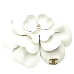 Chanel White Camellia Silver CC Large Brooch