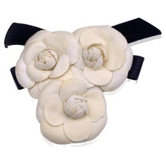 Chanel White Canvas 3 Camelia Camellia Flowers Bow Pin Brooch