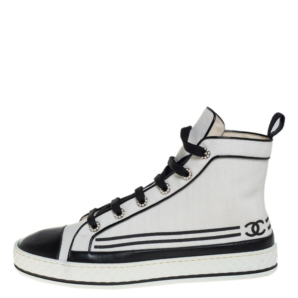 Chanel Weiß Segeltuch und Leder CC Cap Toe Perle High Top Sneakers Größe 41 Damen