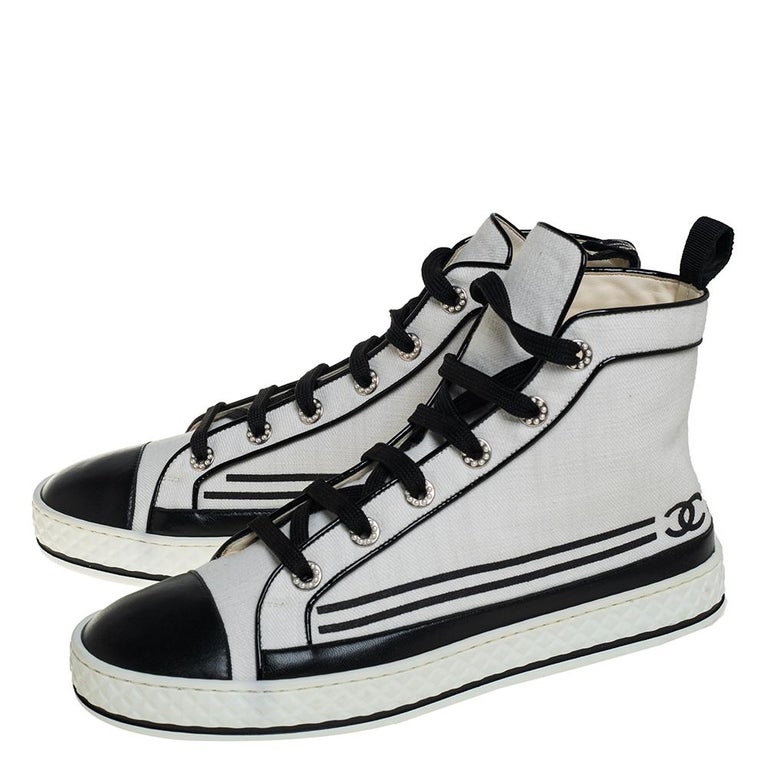 Chanel White Canvas And Leather CC Cap Toe Pearl High Top Sneakers Size 41  at 1stDibs