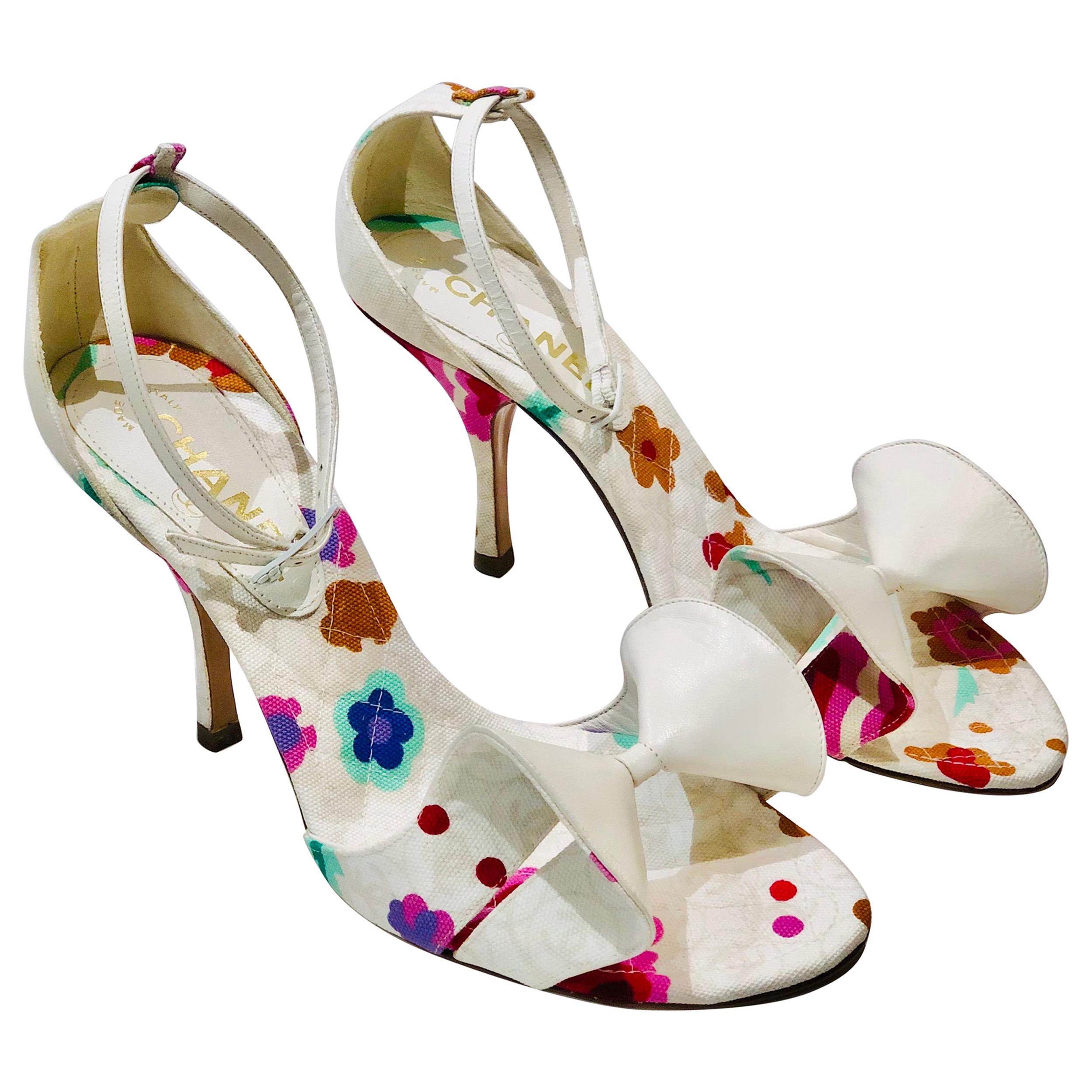 Chanel White Canvas Leather Bows Floral Print Strap Sandals In Heels 