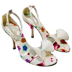 Chanel White Canvas Leather Bows Floral Print Strap Sandals In Heels 