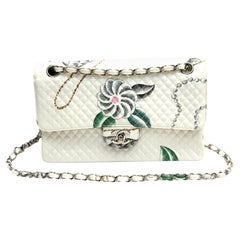 Chanel white canvas special printed classic flap shoulder bag