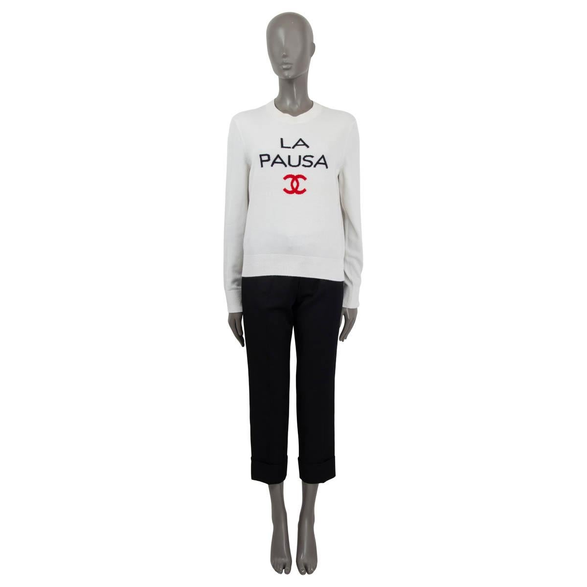 100% authentic Chanel 2019 La Pausa knit sweater in ivory, black and red cashmere (100%). Features long sleeves and a crew neck. Unlined. Has been worn and is in excellent condition.

Measurements
Model	Chanel19C
Tag Size	38
Size	S
Shoulder