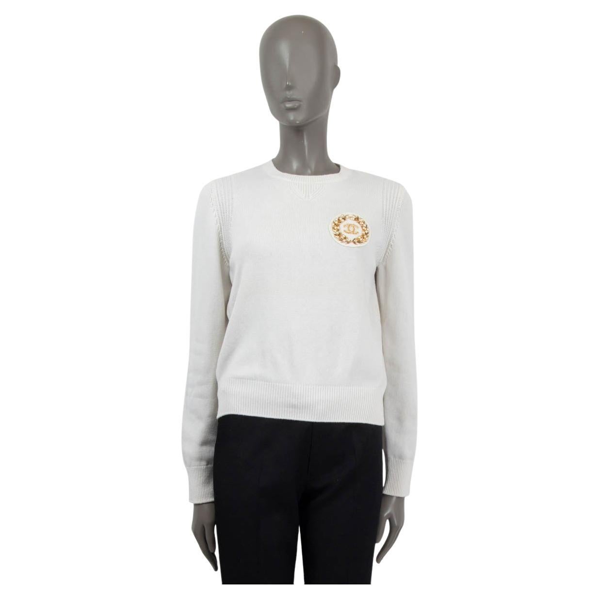 CHANEL white cashmere 2020 20A RUE CAMBONE EMBLEM Sweater 38 S For Sale