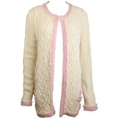 Chanel White Cashmere/Cotton Knitted Pink Fringe Trim Cardigan Sweater