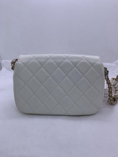 CHANEL White Caviar Flap Bag With Coin Charm Gold Hardware Chain Shoulder Bag