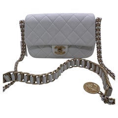 CHANEL White Caviar Flap Bag With Coin Charm Gold Hardware Chain Shoulder Bag