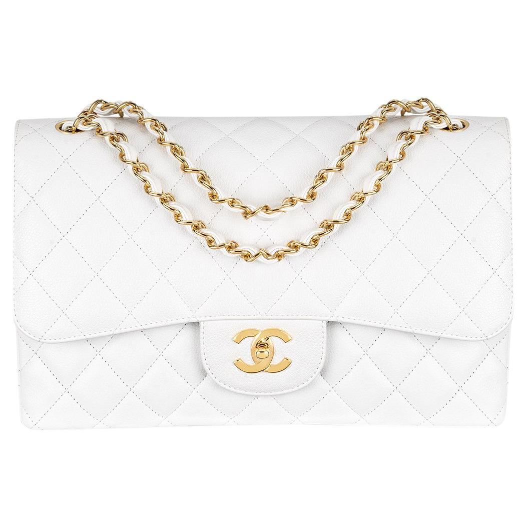 Chanel White Caviar Jumbo Classic Double Flap Bag with Gold Hardware