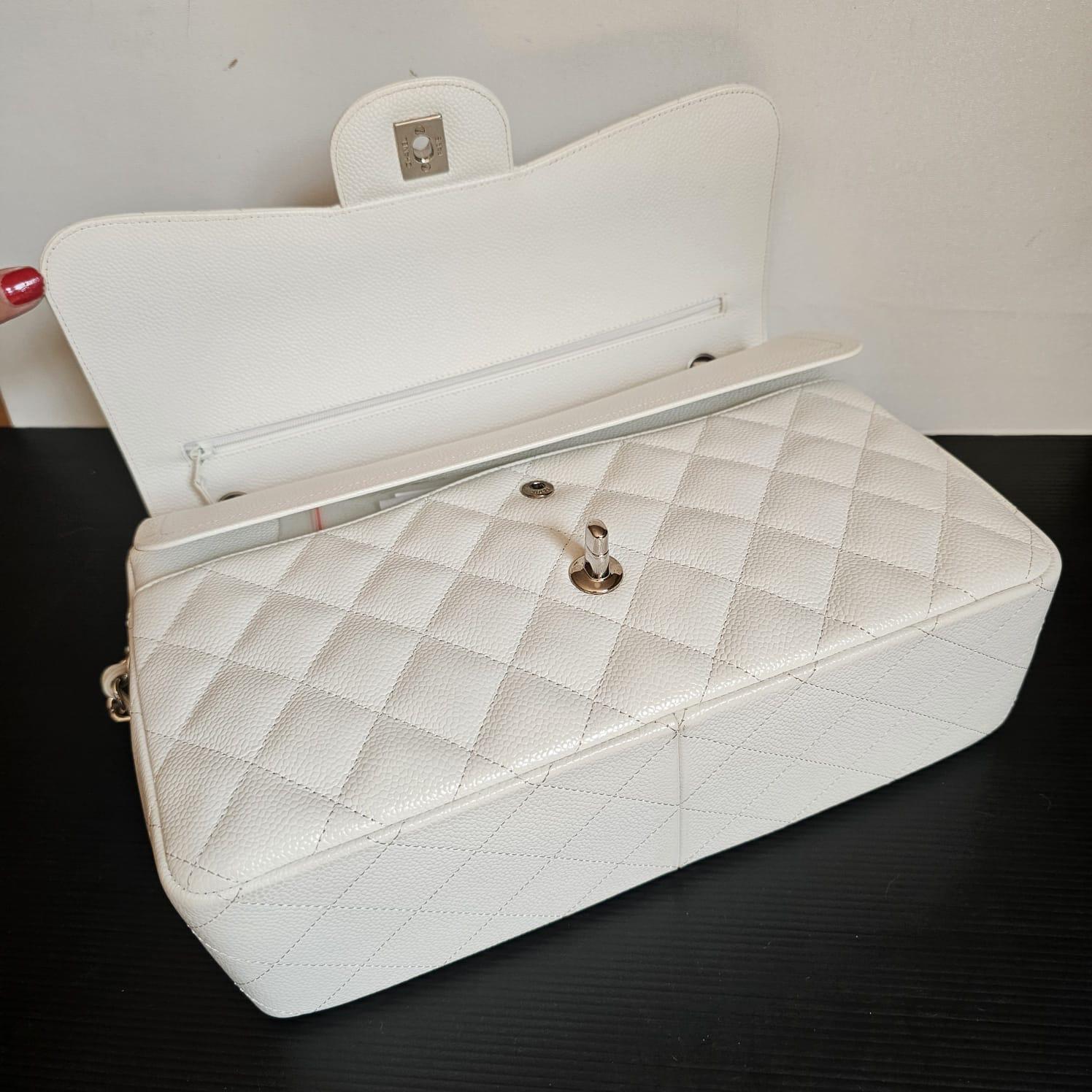 Chanel White Caviar Jumbo Double Flap Bag For Sale 8
