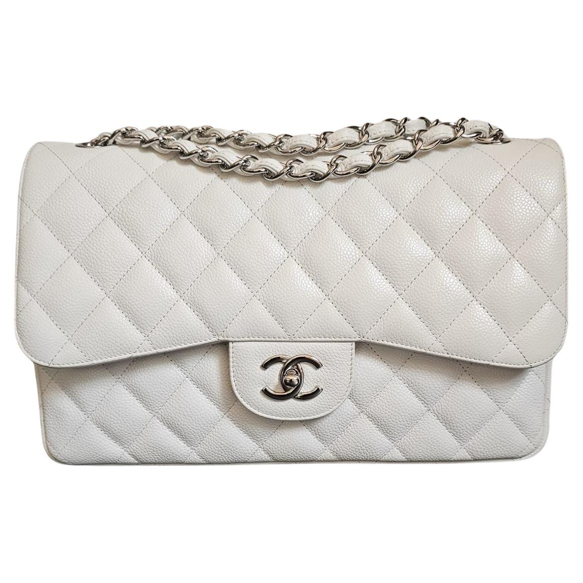 Chanel White Caviar Jumbo Double Flap Bag For Sale