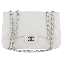 Used Chanel White Caviar Jumbo Single Flap