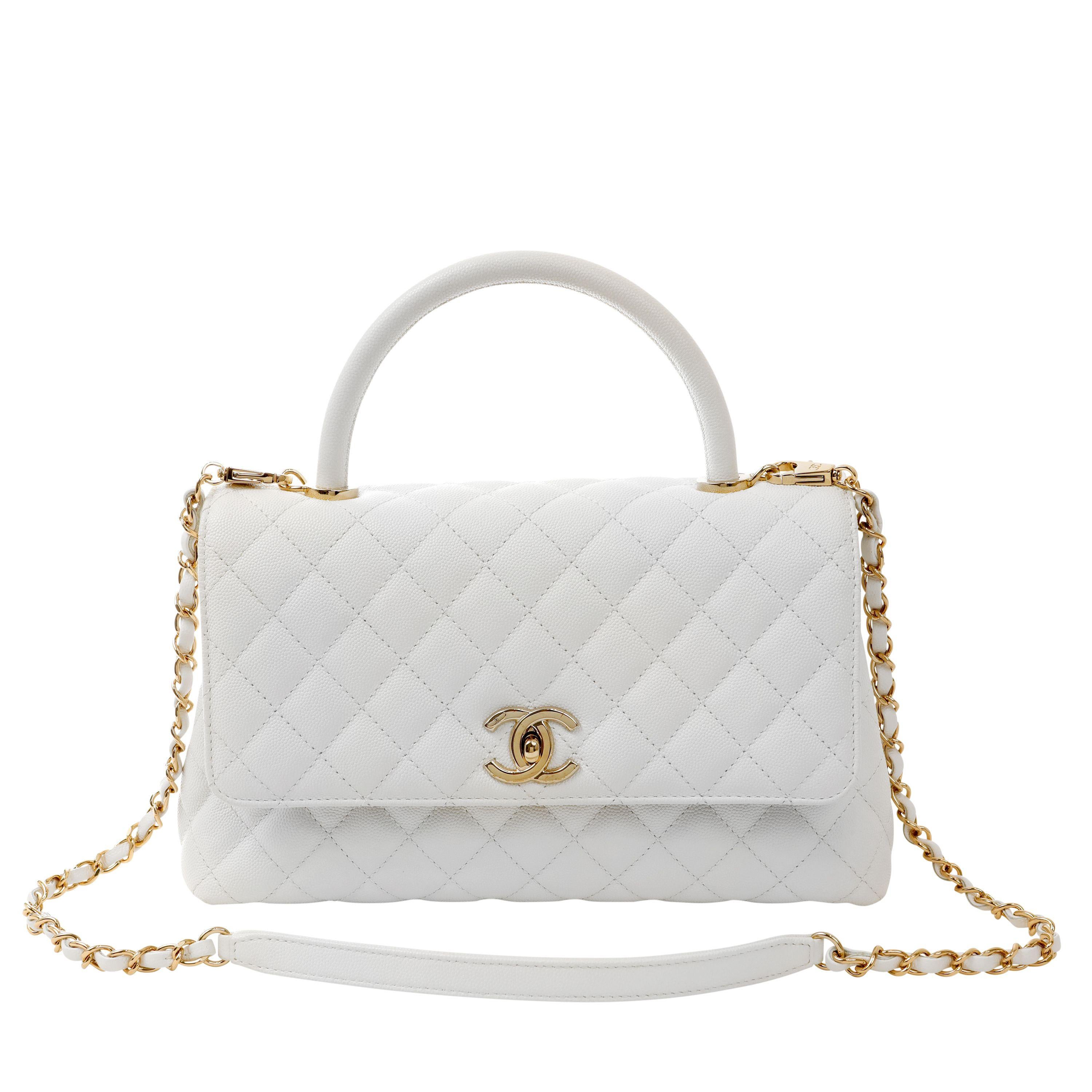 Gray Chanel White Caviar Large Lady Handle Bag with Gold Hardware