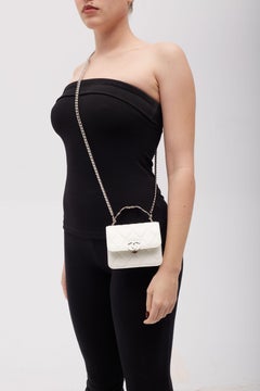 Chanel White Caviar Leather Chain Clutch Bag Mini
