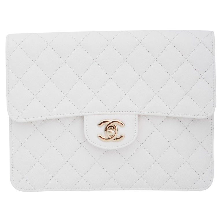 Chanel White Caviar Leather Classic Timeless Flap Clutch 2020 at