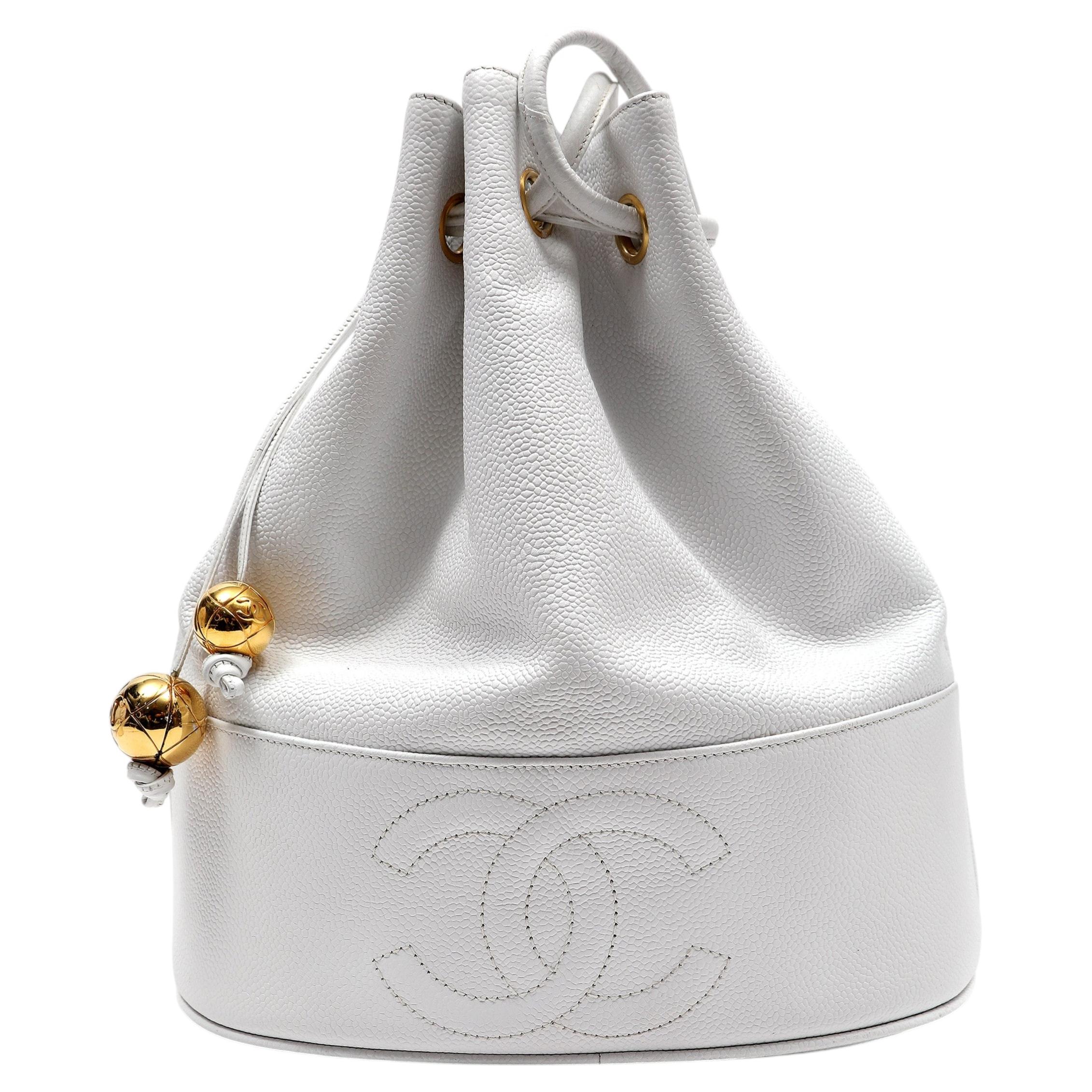 Chanel Bucket Bag White Caviar Leather Drawstring Shoulder