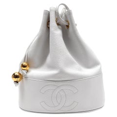 Chanel White Caviar Leather Drawstring Shoulder Bucket Bag