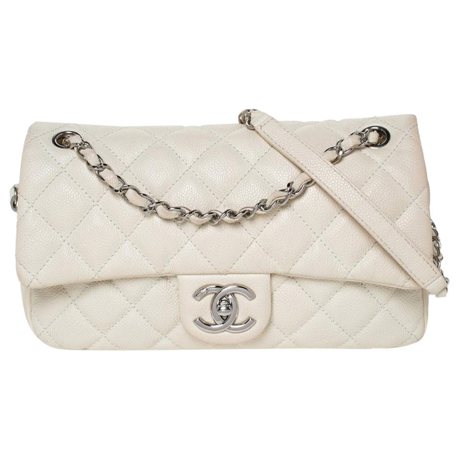 Chanel White Caviar Leather Easy Medium Flap Shoulder Bag