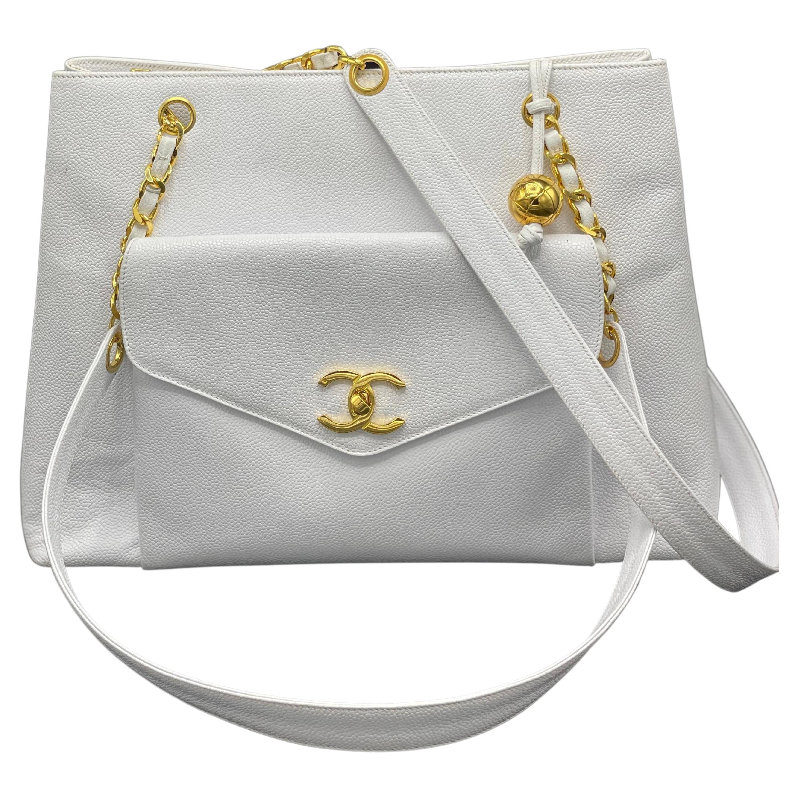 Chanel White Caviar Leather Front Pocket Tote Bag