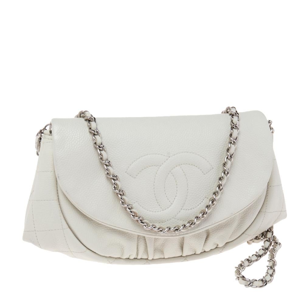 Women's Chanel White Caviar Leather Half Moon Wallet On Chain