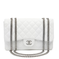 Chanel White Caviar Leather Jumbo Classic Flap Bag with Silver Hardware
