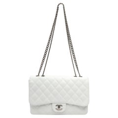 Chanel White Caviar Leather Jumbo Classic Flap Bag with Silver Hardware