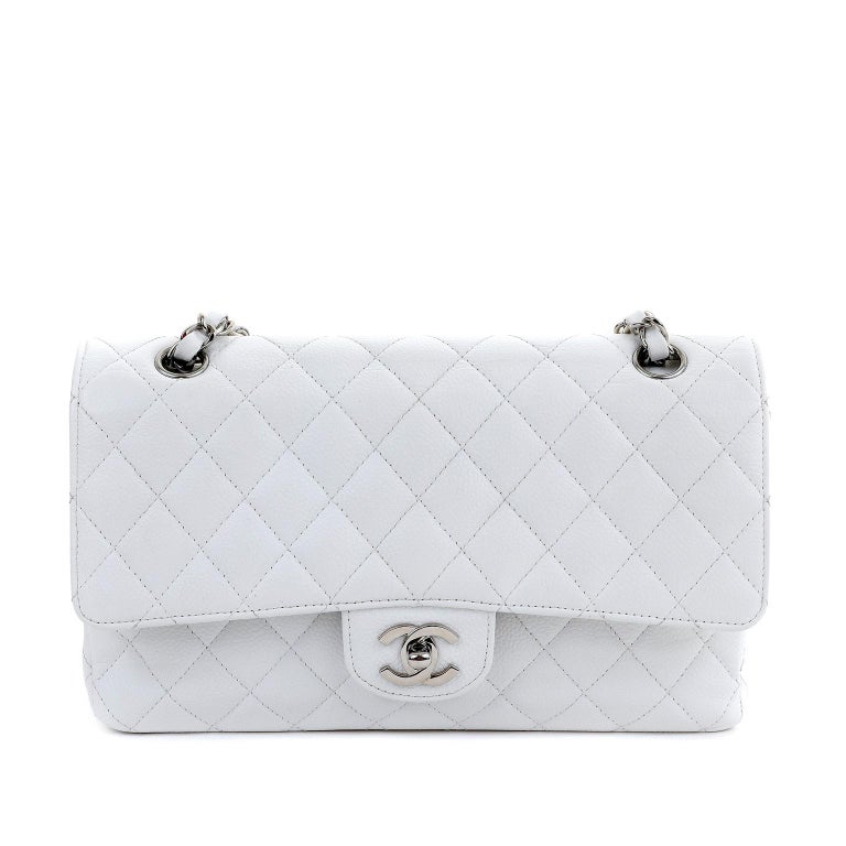 Chanel White Caviar Leather Medium Classic Flap Bag with Silver Hardware at  1stDibs