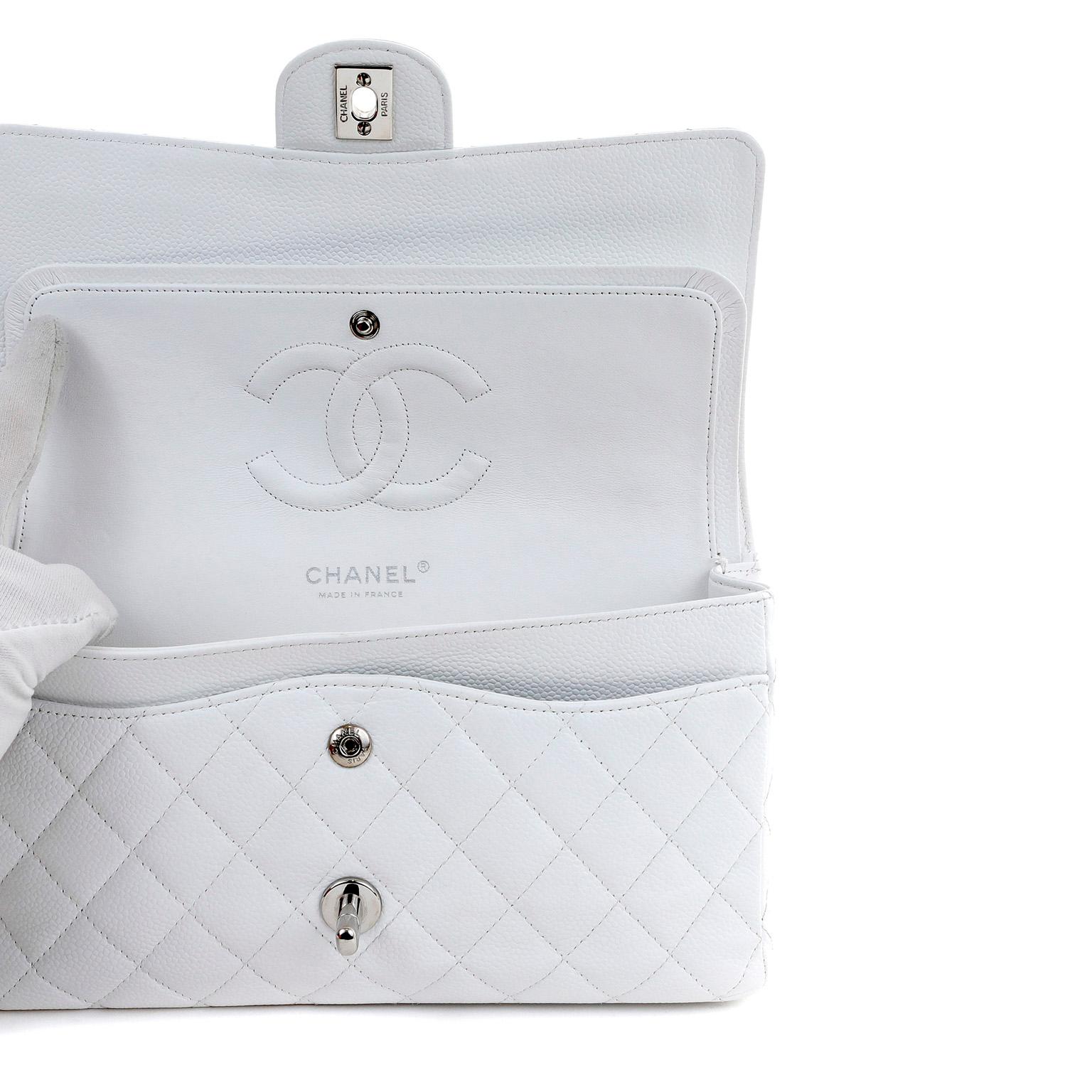 Chanel White Caviar Leather Medium Classic Flap Bag with Silver Hardware In Excellent Condition In Palm Beach, FL