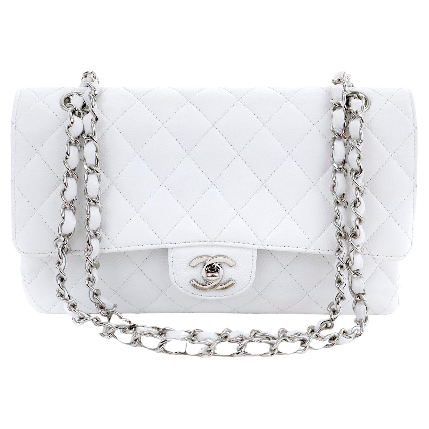 Chanel White Caviar Leather Medium Classic Flap Bag with Silver