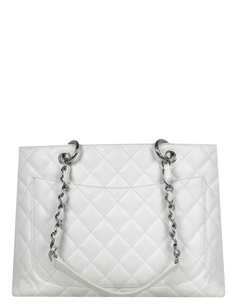 CHANEL XL Grand Quilted Caviar Leather Shopping Tote Bag White- 15% OF