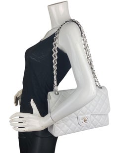 Chanel White Caviar Leather Quilted Single Flap Jumbo Classic Bag