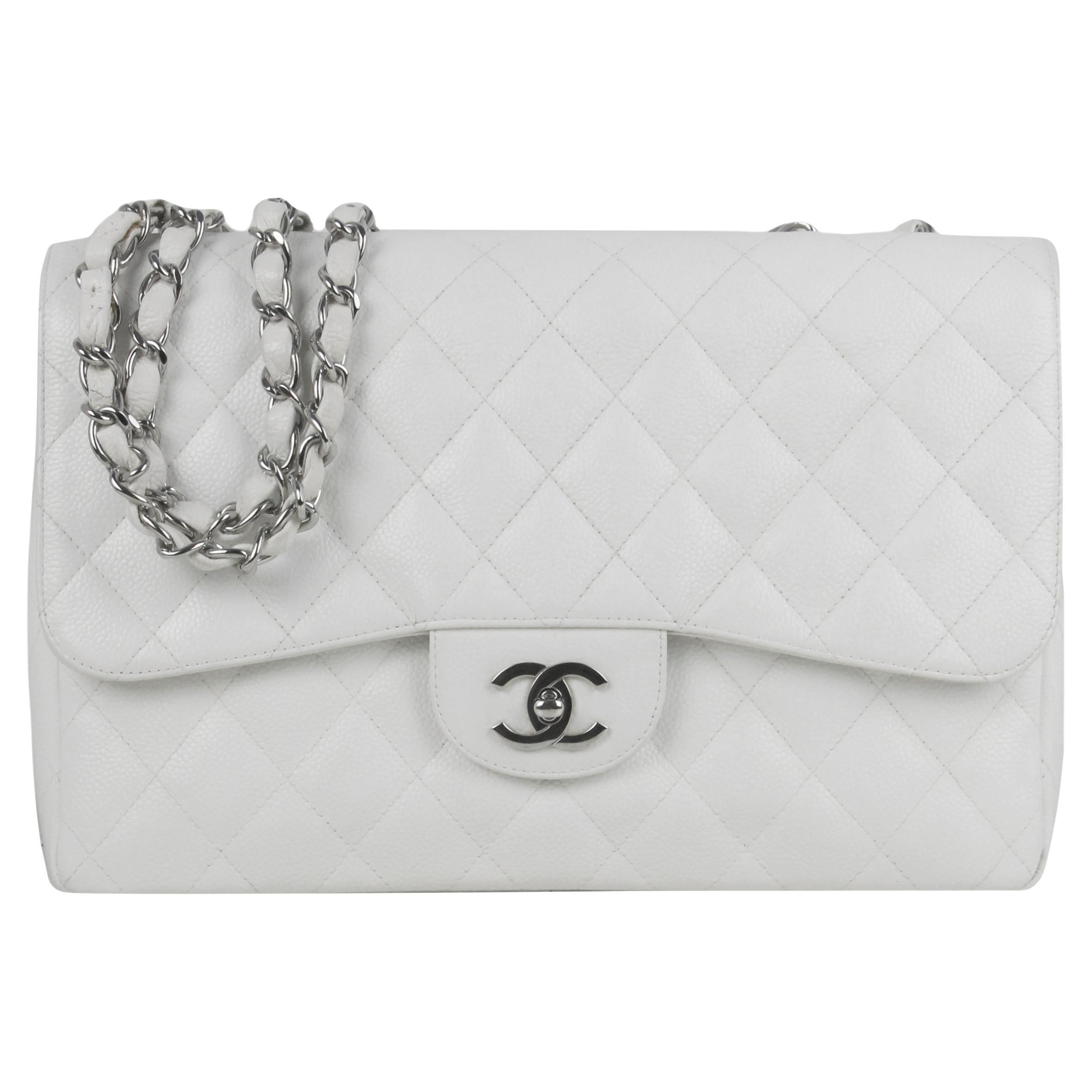 Chanel White Caviar Leather Quilted Single Flap Jumbo Classic Bag For Sale  at 1stDibs