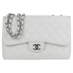 Chanel White Caviar Leather Quilted Single Flap Jumbo Classic Bag